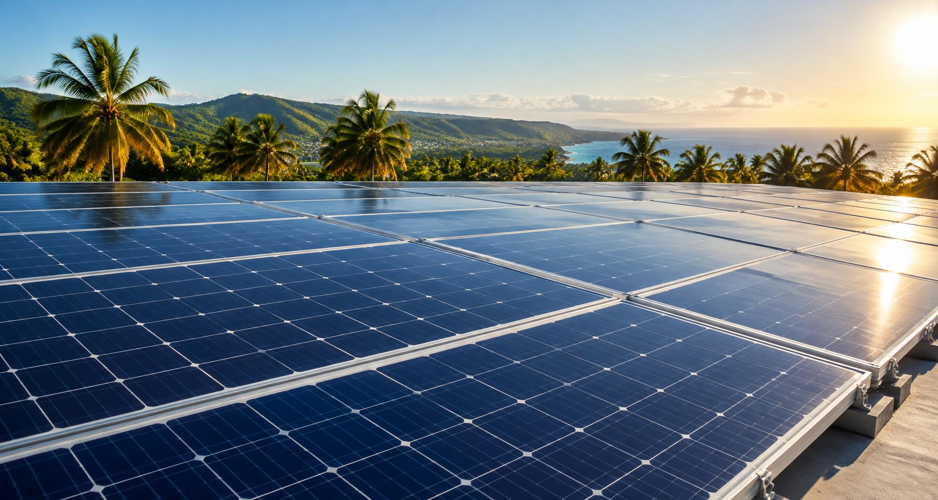 Paneles solares sobre un techo en un paisaje puertorriqueño — imagen ilustrativa